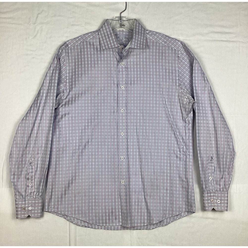 Bugatchi Men's Large Classic Fit Shirt Long Sleeve Button Down Pink‎ Blue Plaid